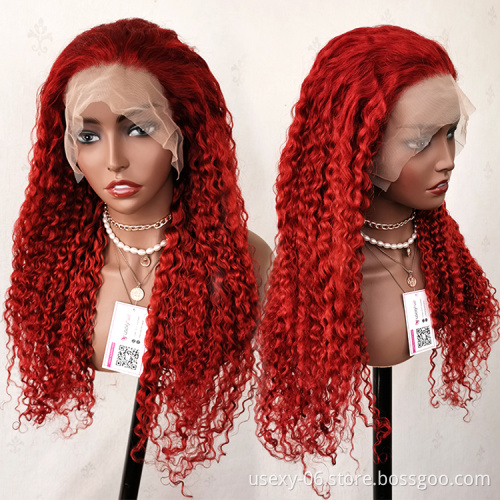 Pre plucked colored virgin brazilian hair wig full transparent hd lace frontal red wigs human hair deep wave red lace front wigs
